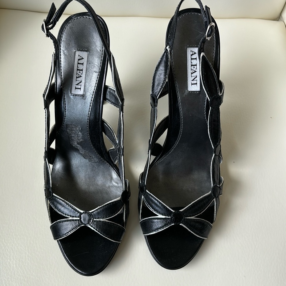 Black Leather Floral Cutout Open Toe Slingback Shoed